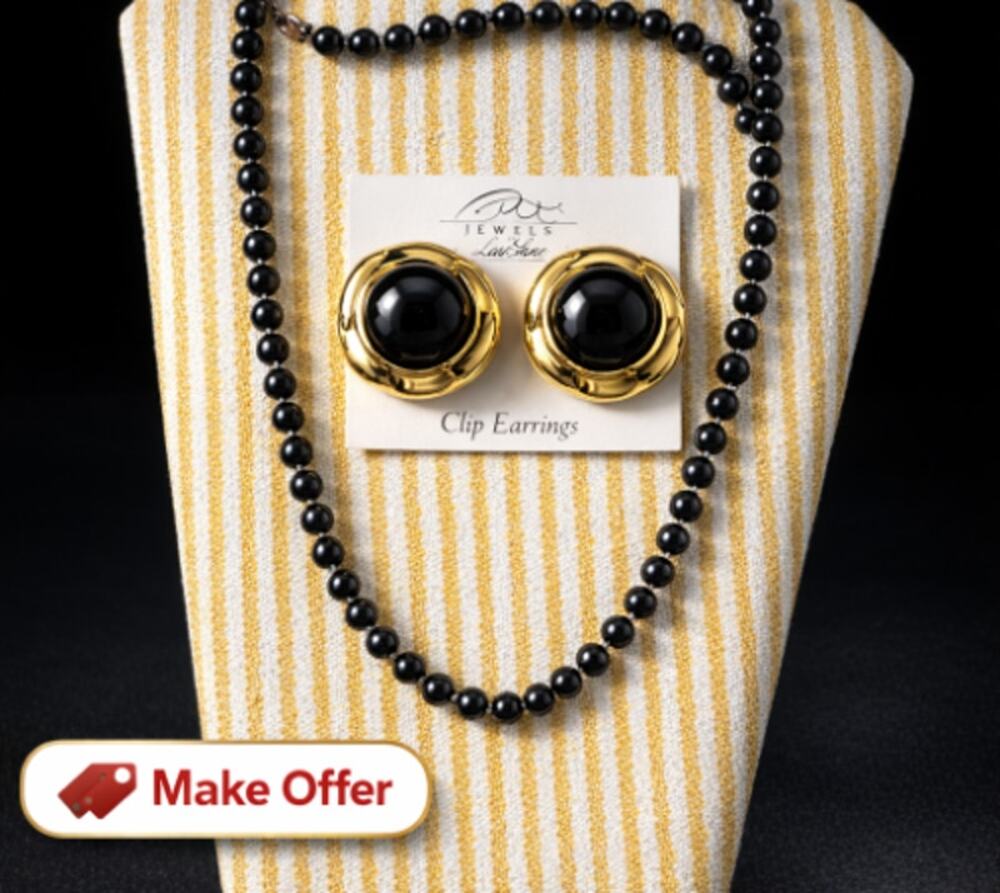 VTG Park Lane Black Bead Necklace & Gold Tone & Black Cabochon Clip Earring NEW